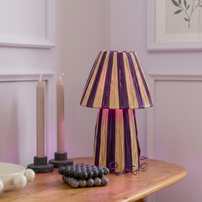 Handmade Moroccan raffia mushroom table lamp with striped natural and terracotta woven design, boho artisan desk light sold without cord
