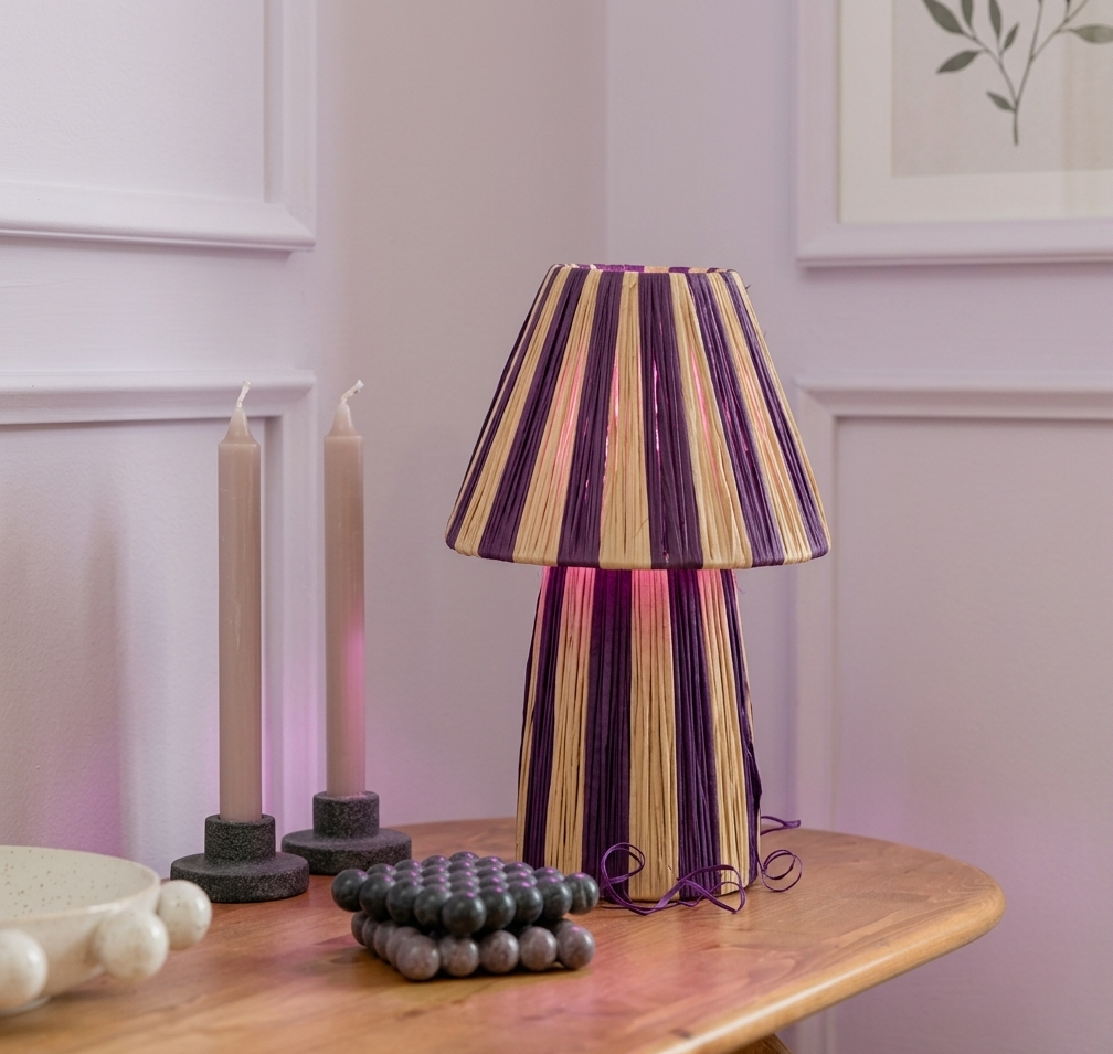 Handmade Moroccan raffia mushroom table lamp with striped natural and terracotta woven design, boho artisan desk light sold without cord