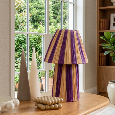 Handmade Moroccan raffia mushroom table lamp with striped natural and terracotta woven design, boho artisan desk light sold without cord