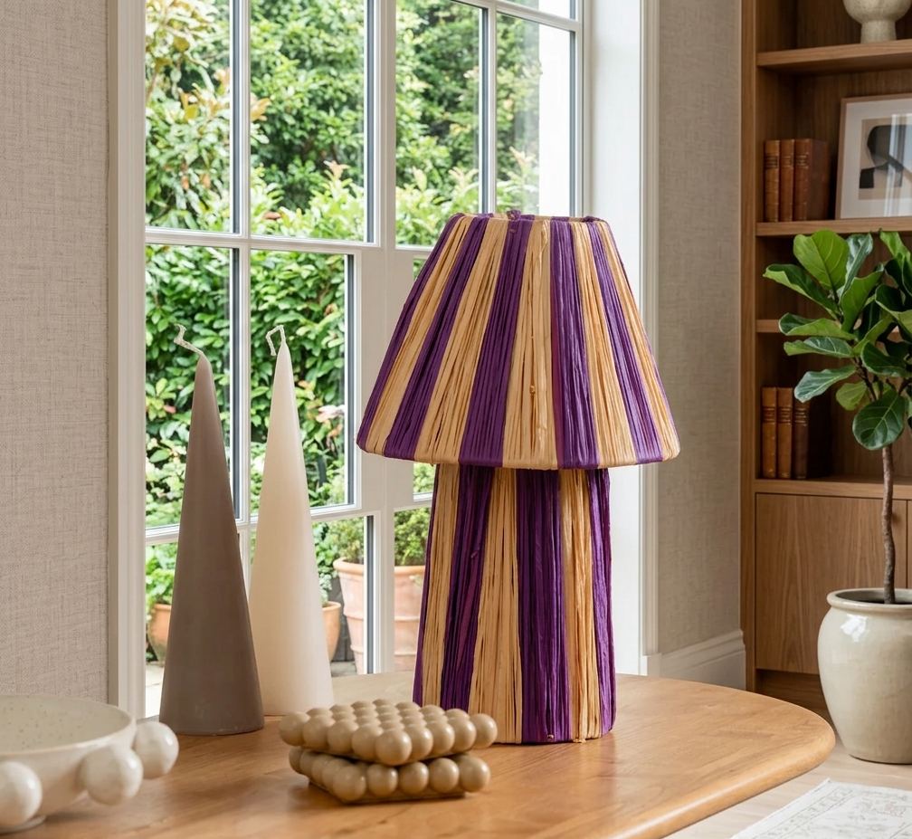 Handmade Moroccan raffia mushroom table lamp with striped natural and terracotta woven design, boho artisan desk light sold without cord