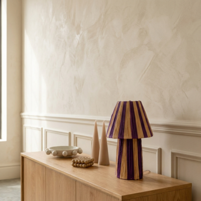 Handmade Moroccan raffia mushroom table lamp with striped natural and terracotta woven design, boho artisan desk light sold without cord