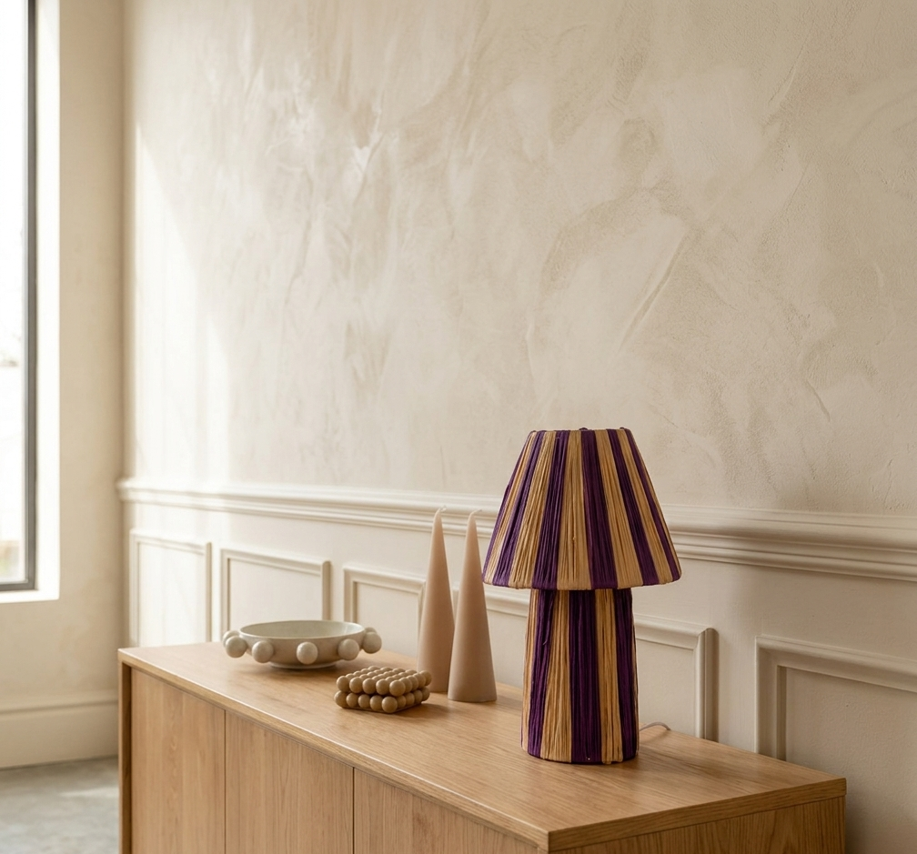 Handmade Moroccan raffia mushroom table lamp with striped natural and terracotta woven design, boho artisan desk light sold without cord