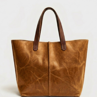 Tobacco Leather Tote Bag Handmade Moroccan Pull-Up Distressed Shoulder Bag Large Everyday Work Tote Women Two Tone Tan Brown Gift for Her (10) Handmade Moroccan pull-up distressed tobacco leather tote bag with two-tone tan body and dark espresso handles, center seam detail, open top, everyday work bag for women