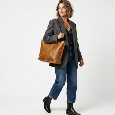 Tobacco Leather Tote Bag Handmade Moroccan Pull-Up Distressed Shoulder Bag Large Everyday Work Tote Women Two Tone Tan Brown Gift for Her (2) Handmade Moroccan pull-up distressed tobacco leather tote bag with two-tone tan body and dark espresso handles, center seam detail, open top, everyday work bag for women