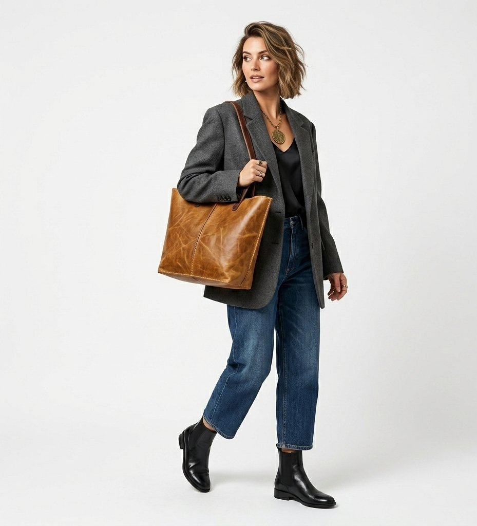 Tobacco Leather Tote Bag Handmade Moroccan Pull-Up Distressed Shoulder Bag Large Everyday Work Tote Women Two Tone Tan Brown Gift for Her (2) Handmade Moroccan pull-up distressed tobacco leather tote bag with two-tone tan body and dark espresso handles, center seam detail, open top, everyday work bag for women