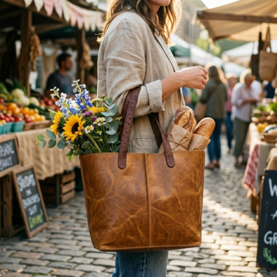 Tobacco Leather Tote Bag Handmade Moroccan Pull-Up Distressed Shoulder Bag Large Everyday Work Tote Women Two Tone Tan Brown Gift for Her (3) Handmade Moroccan pull-up distressed tobacco leather tote bag with two-tone tan body and dark espresso handles, center seam detail, open top, everyday work bag for women