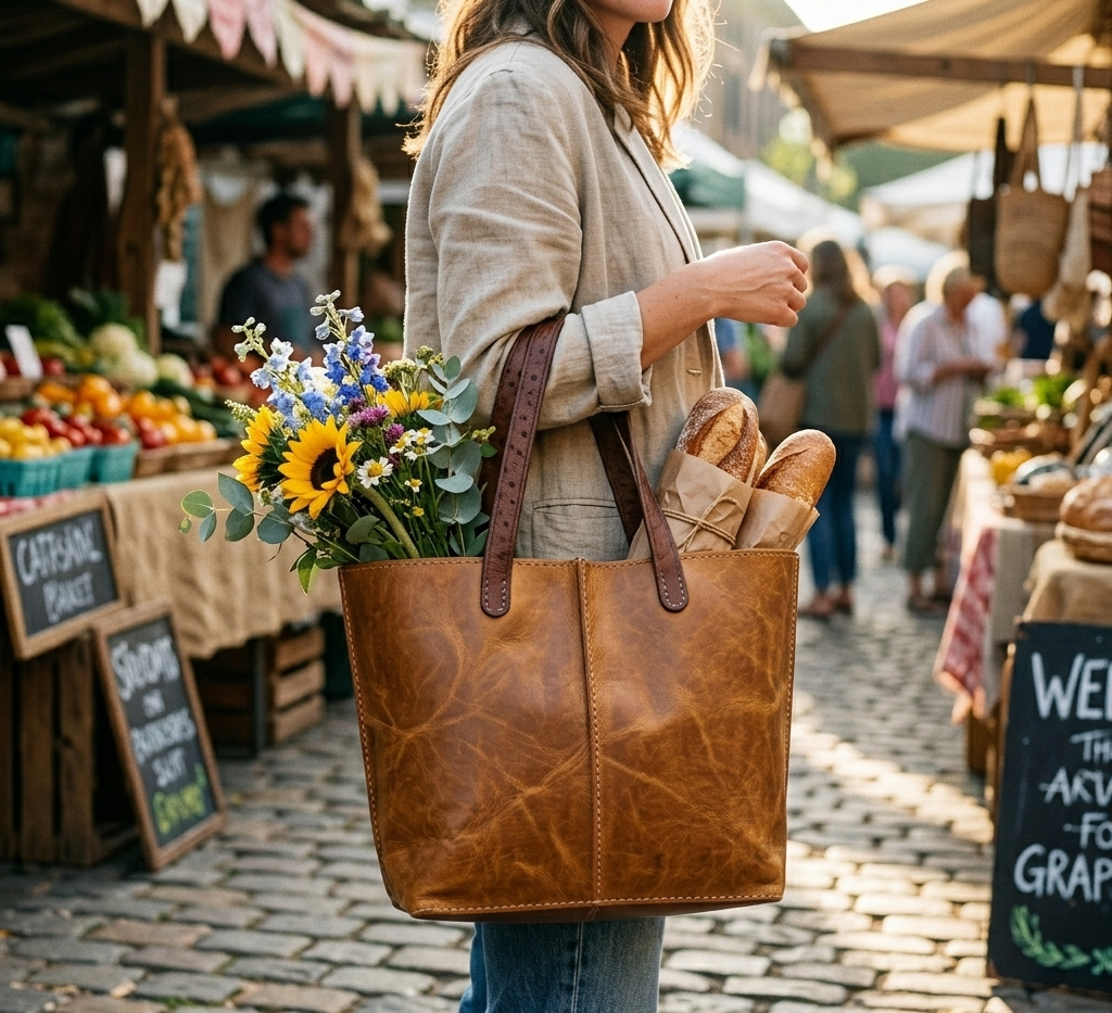 Tobacco Leather Tote Bag Handmade Moroccan Pull-Up Distressed Shoulder Bag Large Everyday Work Tote Women Two Tone Tan Brown Gift for Her (3) Handmade Moroccan pull-up distressed tobacco leather tote bag with two-tone tan body and dark espresso handles, center seam detail, open top, everyday work bag for women