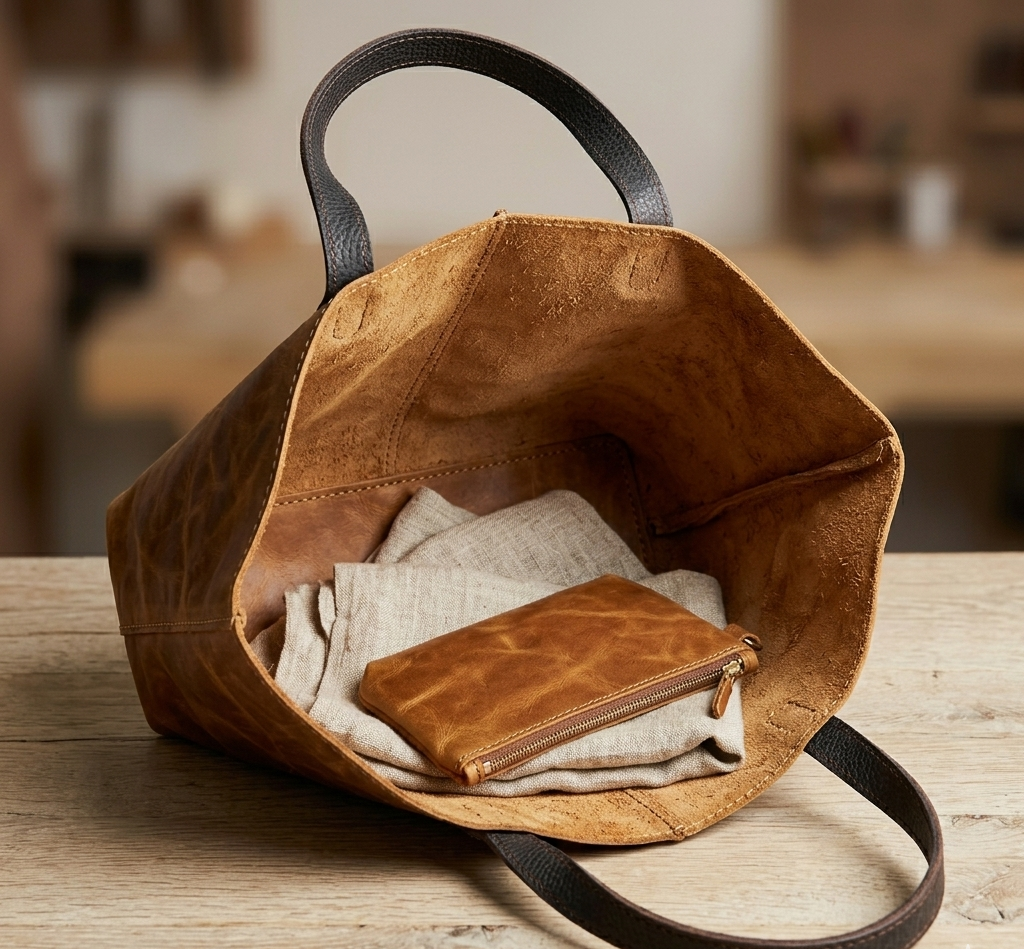 Tobacco Leather Tote Bag Handmade Moroccan Pull-Up Distressed Shoulder Bag Large Everyday Work Tote Women Two Tone Tan Brown Gift for Her (5) Handmade Moroccan pull-up distressed tobacco leather tote bag with two-tone tan body and dark espresso handles, center seam detail, open top, everyday work bag for women