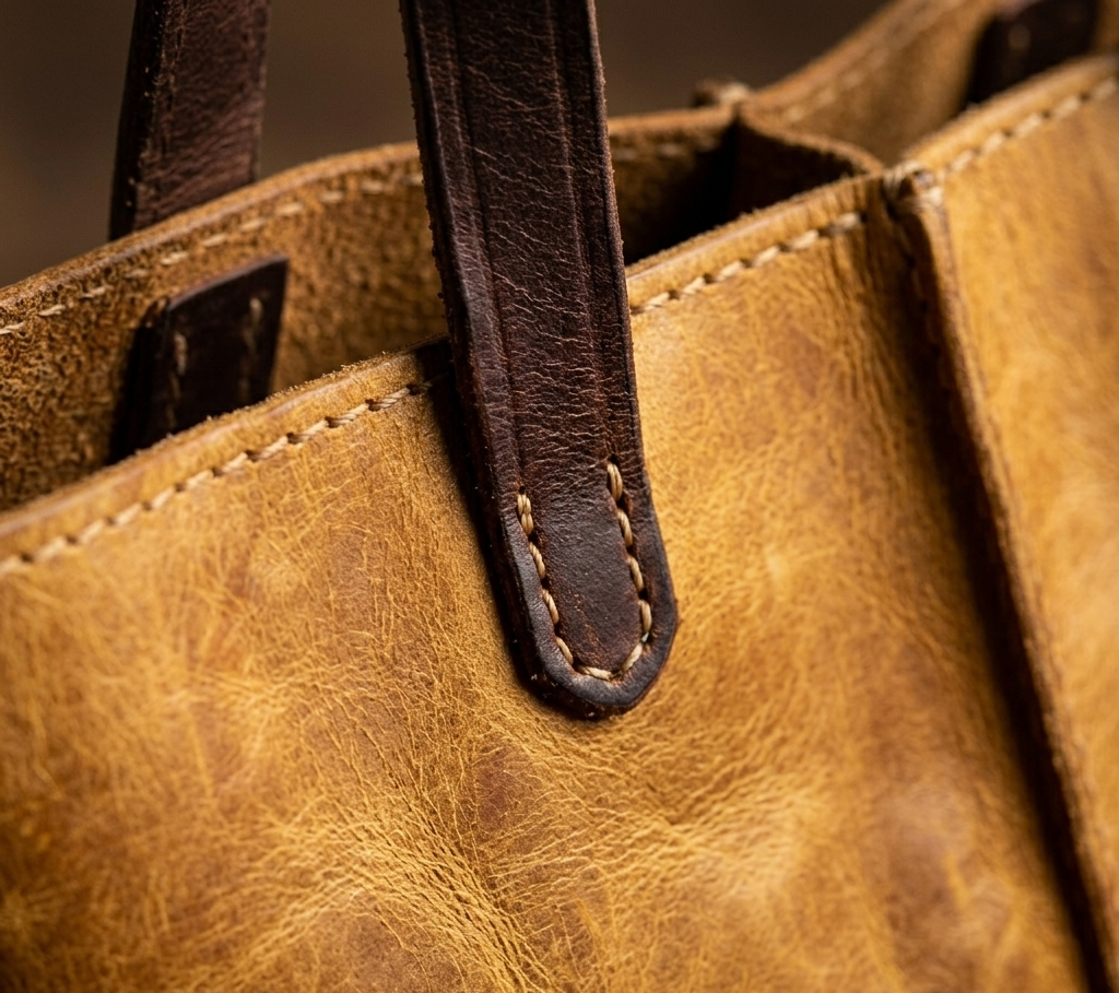 Tobacco Leather Tote Bag Handmade Moroccan Pull-Up Distressed Shoulder Bag Large Everyday Work Tote Women Two Tone Tan Brown Gift for Her (6) Handmade Moroccan pull-up distressed tobacco leather tote bag with two-tone tan body and dark espresso handles, center seam detail, open top, everyday work bag for women