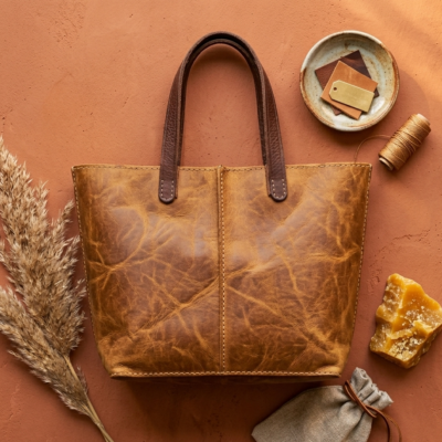 Tobacco Leather Tote Bag Handmade Moroccan Pull-Up Distressed Shoulder Bag Large Everyday Work Tote Women Two Tone Tan Brown Gift for Her (7) Handmade Moroccan pull-up distressed tobacco leather tote bag with two-tone tan body and dark espresso handles, center seam detail, open top, everyday work bag for women