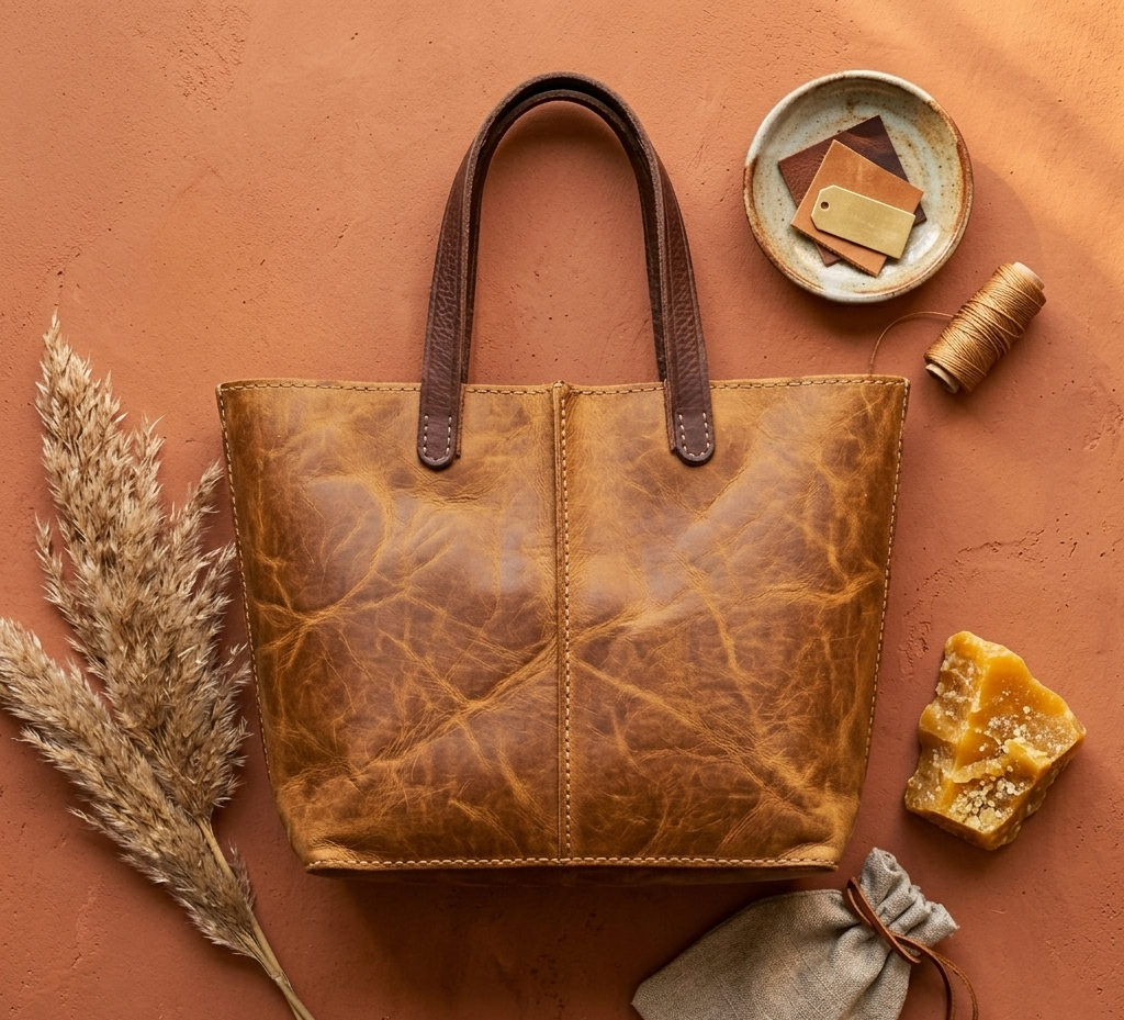 Tobacco Leather Tote Bag Handmade Moroccan Pull-Up Distressed Shoulder Bag Large Everyday Work Tote Women Two Tone Tan Brown Gift for Her (7) Handmade Moroccan pull-up distressed tobacco leather tote bag with two-tone tan body and dark espresso handles, center seam detail, open top, everyday work bag for women