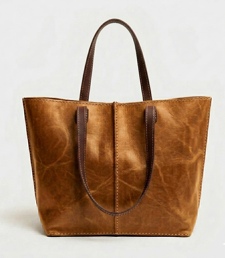Tobacco Leather Tote Bag Handmade Moroccan Pull-Up Distressed Shoulder Bag Large Everyday Work Tote Women Two Tone Tan Brown Gift for Her (9) Handmade Moroccan pull-up distressed tobacco leather tote bag with two-tone tan body and dark espresso handles, center seam detail, open top, everyday work bag for women
