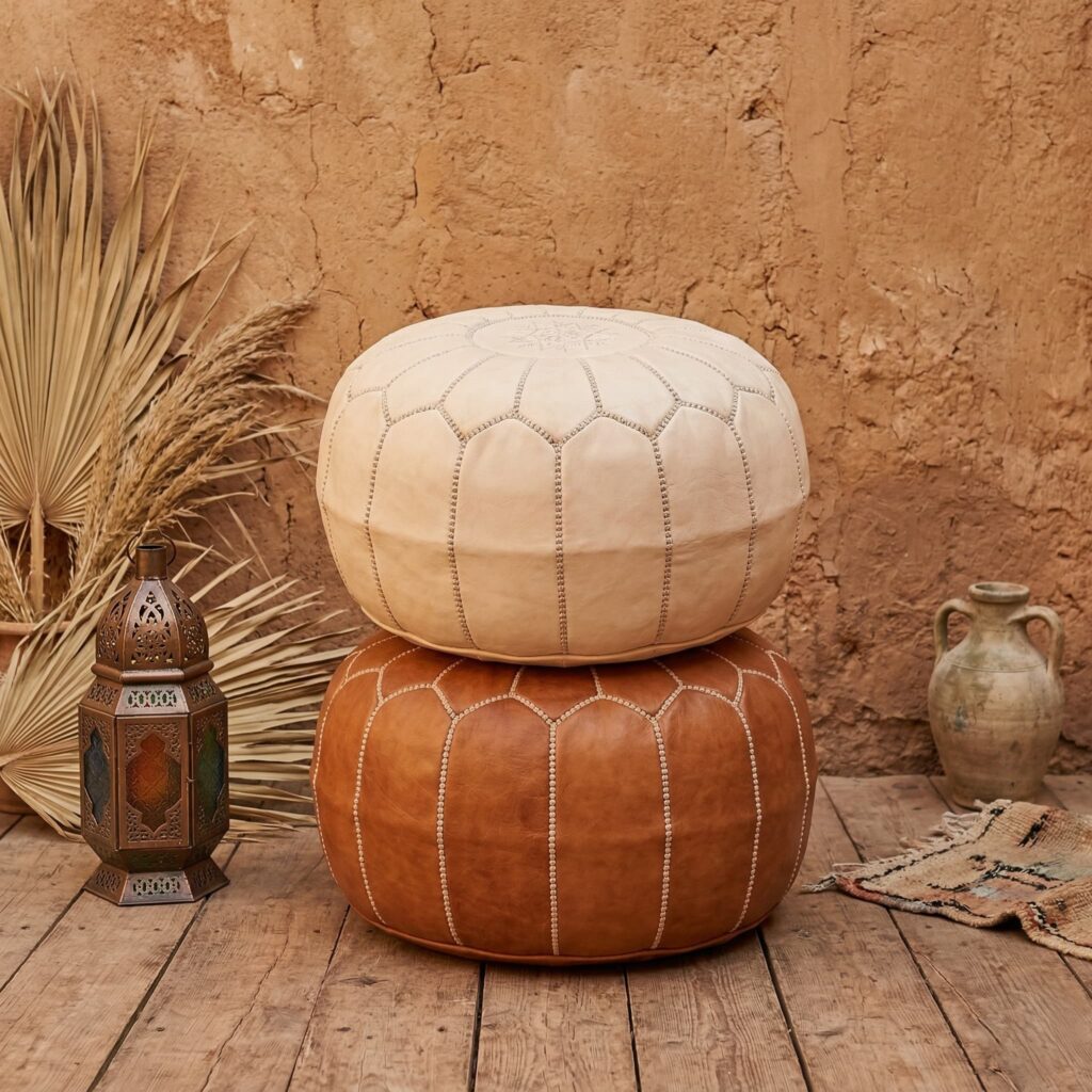 Handmade natural undyed Moroccan leather pouf ottoman 21 inches with traditional embroidered star top and hand-stitched geometric panels, unfilled
