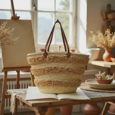 il_794xN.7639913848_hw6c Handwoven Moroccan palm leaf straw basket bag with horizontal natural fringe stripe detail and genuine leather shoulder handles, large open-top boho beach market tote