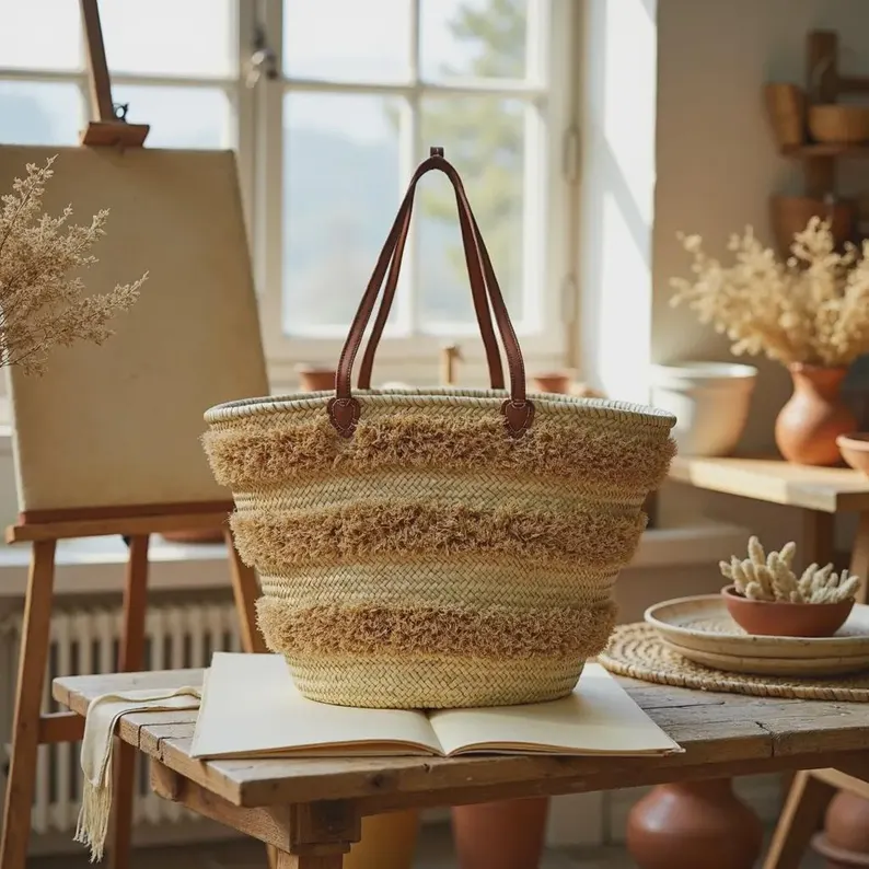 il_794xN.7639913848_hw6c Handwoven Moroccan palm leaf straw basket bag with horizontal natural fringe stripe detail and genuine leather shoulder handles, large open-top boho beach market tote