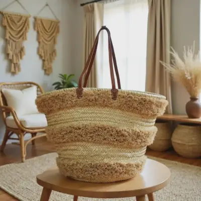il_794xN.7639913850_fle9 Handwoven Moroccan palm leaf straw basket bag with horizontal natural fringe stripe detail and genuine leather shoulder handles, large open-top boho beach market tote