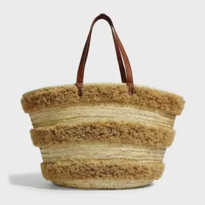 il_794xN.7639913854_s57r Handwoven Moroccan palm leaf straw basket bag with horizontal natural fringe stripe detail and genuine leather shoulder handles, large open-top boho beach market tote