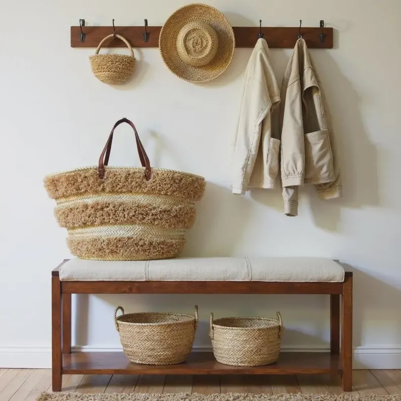 il_794xN.7639913856_blyj Handwoven Moroccan palm leaf straw basket bag with horizontal natural fringe stripe detail and genuine leather shoulder handles, large open-top boho beach market tote