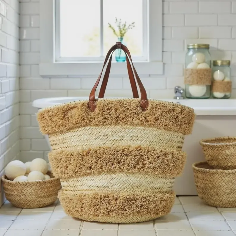 il_794xN.7687859259_n5tm Handwoven Moroccan palm leaf straw basket bag with horizontal natural fringe stripe detail and genuine leather shoulder handles, large open-top boho beach market tote